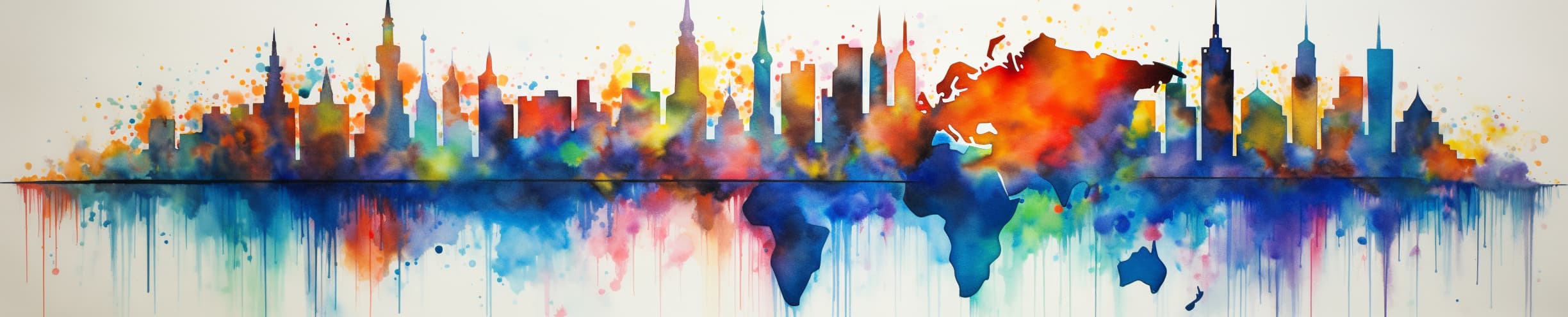 Watercolor Paint Splatter world map buildings