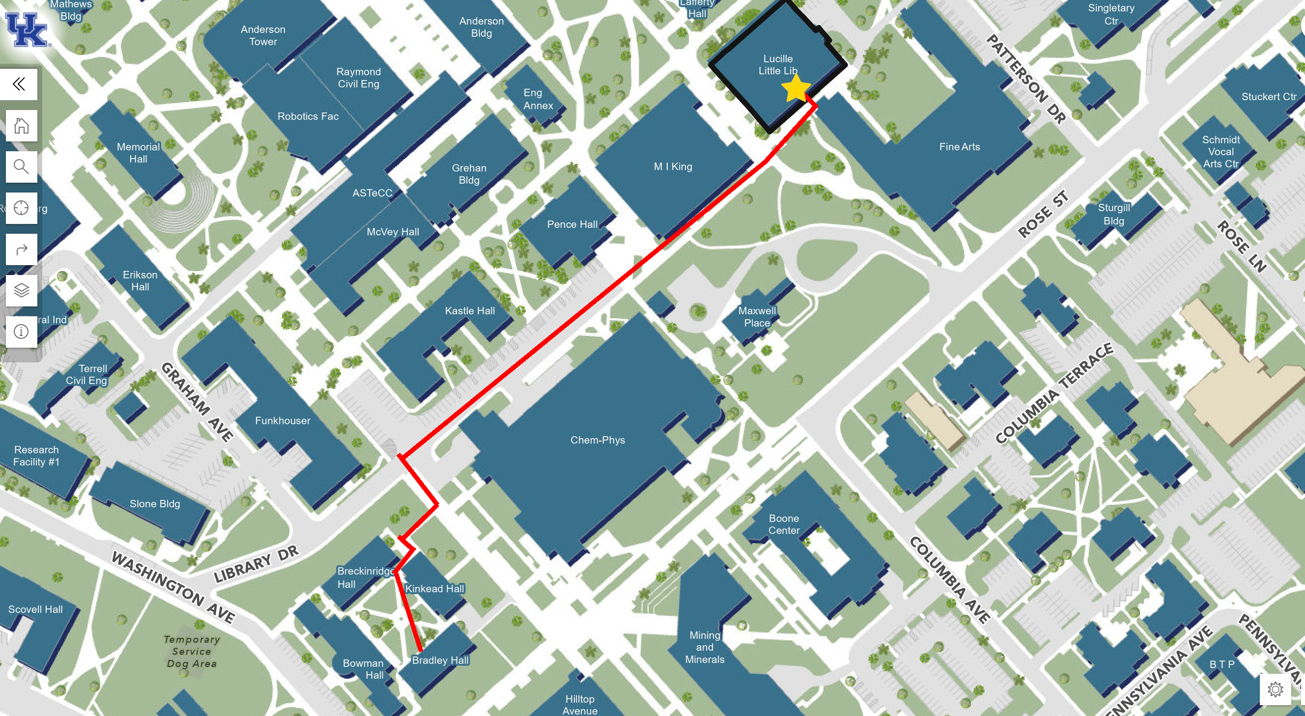 Route from bradley hall to the UKIC multipurpose space
