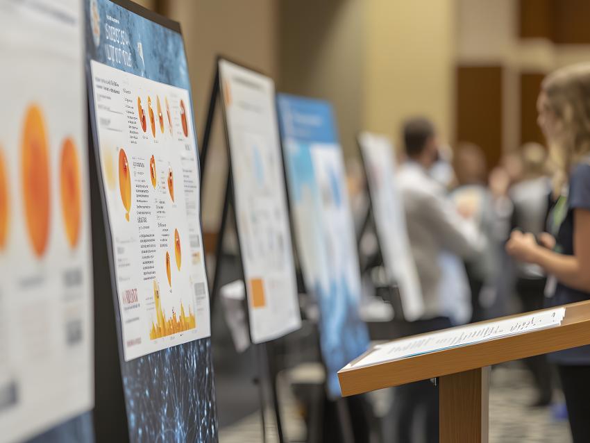 Research posters lined up in room